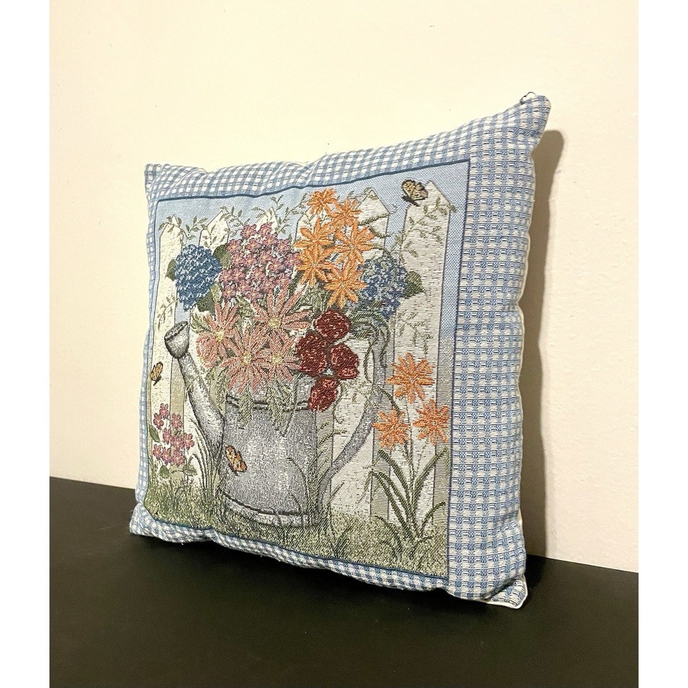 Cottagecore Pillow Blue Border Watering Can Overflowing Wild Flowers‎ Tapestry - Picture 3 of 6